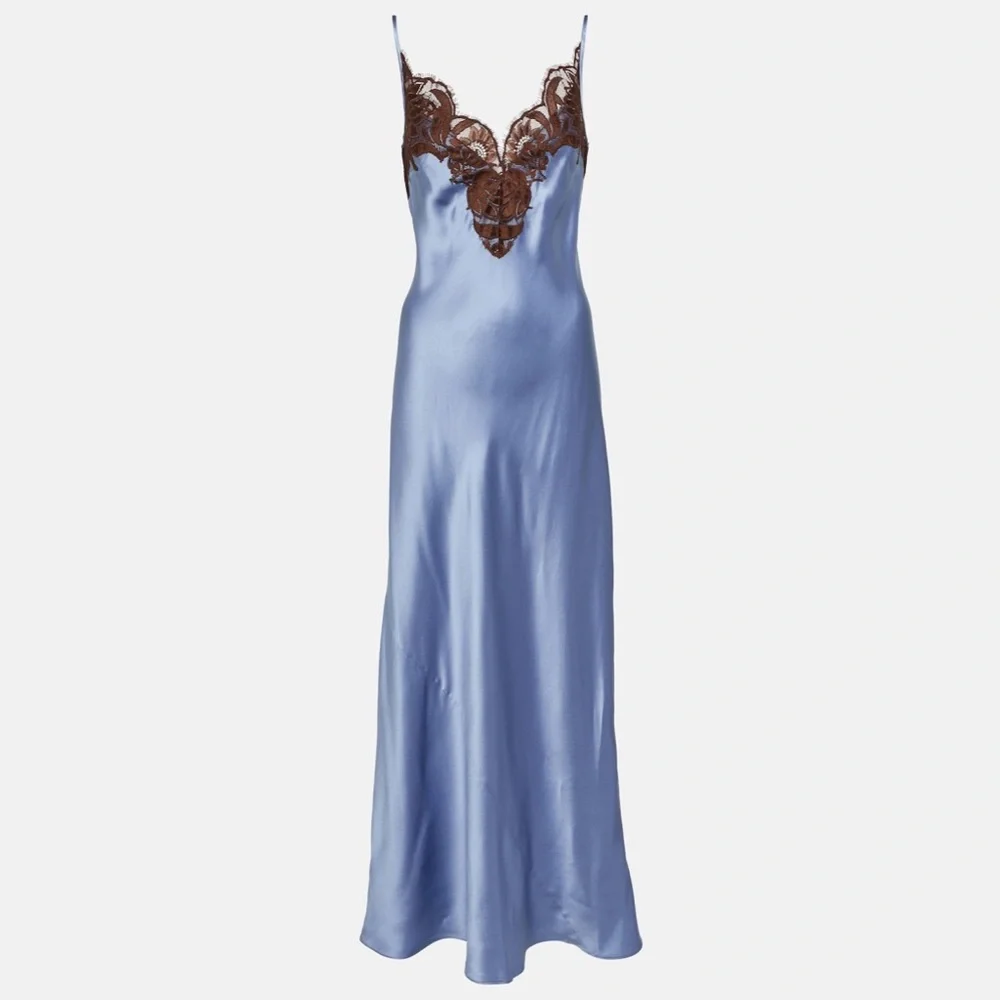 SIR the label Blue Satin Slip Dress with Brown Lace Trim - Picture 1 of 12